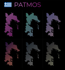 Patmos dotted map set. Map of Patmos in dotted style. Borders of the island filled with beautiful smooth gradient circles. Authentic vector illustration.