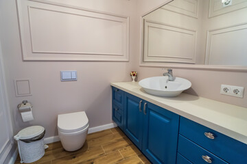 Naklejka na ściany i meble Interior of stylish bathroom room in modern house with white toilet bowl and wash basin.