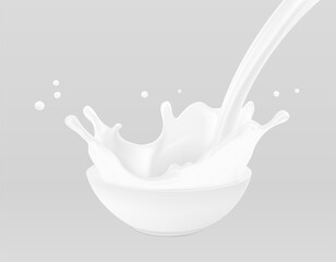 Bowl with milk splashes and drops isolated on grey background. Vector illustration. Can be use for your design. EPS10.