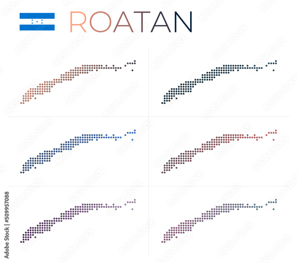Poster roatan dotted map set. map of roatan in dotted style. borders of the island filled with beautiful sm