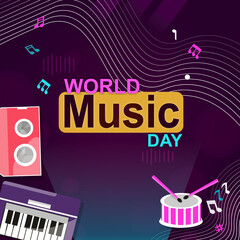 International Music Day. Set of musical instrument elements on purple background song tone design or piano, guitar. music day banner illustration.