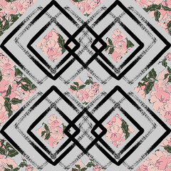 flowers on aged shabby paint grunge geometric ornament seamless pattern