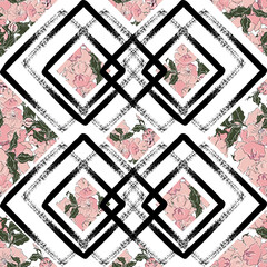 Fototapeta premium flowers on aged shabby paint grunge geometric ornament seamless pattern