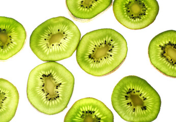 Piece of kiwi fruit cut into slices on a white background