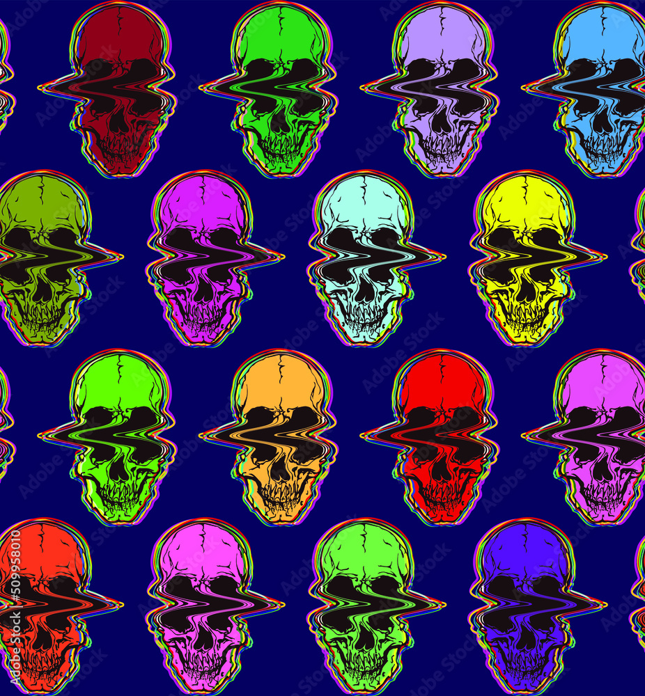 Aufkleber seamless vector pattern of digital glitch multicolored frontal view skulls on black background.