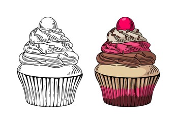 hand drawn cupcake illustration black and color