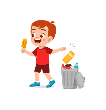 little kid throw trash to trash bin