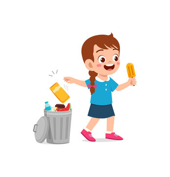 little kid throw trash to trash bin