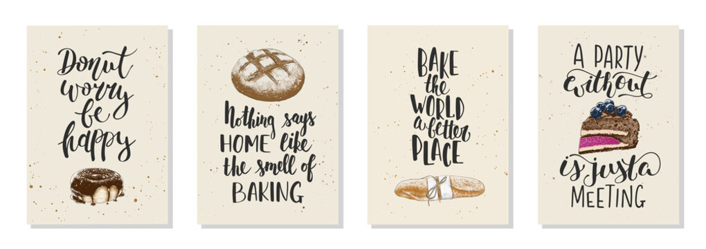 Set of 4 vector bakery posters with hand drawn unique funny lettering design element for kitchen decoration, prints and cafe wall art. Engraved sketch of donut or doughnut, baguette, bread, cake.