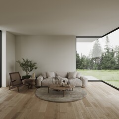Modern bright architectural living room interior with empty wall mockup 