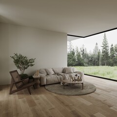 Modern bright architectural living room interior with empty wall mockup 