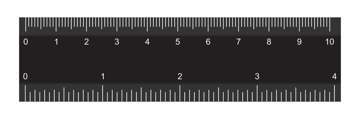 Double sided black ruler with scales to measure length, size in centimeters and inches - obrazy, fototapety, plakaty