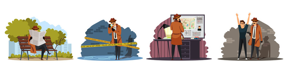 Spy doing crime investigation set. Sleuth searching man and evidence. Police detective work vector illustration. Inspector looking at muder scene, following with newspaper, catching, planning.