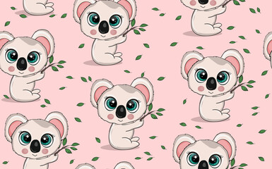 Seamless pattern with cute koala baby on color background. Funny australian animals. Card, postcards for kids. Flat vector illustration for fabric, textile, wallpaper, poster, paper