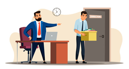 Unemployment concept with angry boss dismisses employee. Director points fired manager at door, sad man leaves office cabinet. Jobless troubles, work crisis, job reduction. Vector illustration
