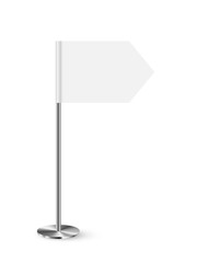 Obraz premium Empty flag on 3d metal pole vector illustration. Realistic steel or chrome cylinder pillar on base with fabric or paper horizontal blank template isolated on white background