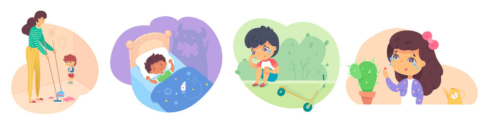 Kids having accidents and making mistakes. Boy broke vase, kid sees monster sleeping in bed, child fell from scooter, knee hurts, girl touched cactus. Sad children vector illustration.