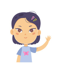 Kid with hand up vector illustration. Cartoon cute girl waving for friends, standing and giving 5, little student of primary school raising arm, answering for teacher isolated on white