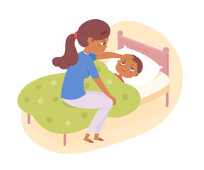 Mother sitting on bed of sick unhappy child, boy with tired face suffering from fever