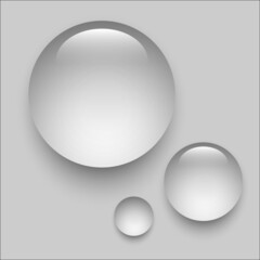 Water drops set on grey background. Liquid droplets of rain and dew vector illustration. Wet clear aqua in light. Abstract pure fresh nature elements, realistic macro design