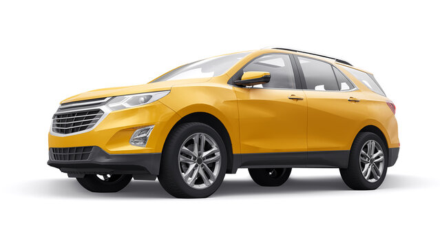 San Diego. USA. January 3, 2022. Chevrolet Equinox 2017. Yellow mid-size city SUV for a family on a white background. 3d rendering.