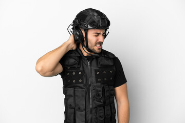 Young caucasian swat isolated on white background with neckache