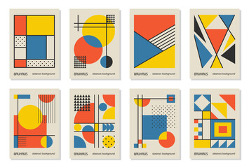Set of 8 minimal vintage 20s geometric design posters, wall art, template, layout with primitive shapes elements. Bauhaus retro pattern background, vector abstract circle, triangle and square line art - obrazy, fototapety, plakaty