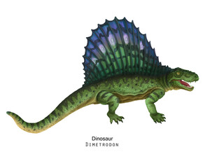 Green Dimetrodon illustration. Sail-backed Dinosaur, blue crest on back. © inna72