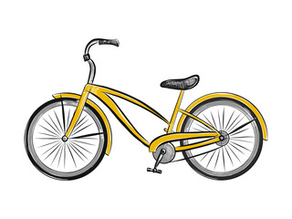 Vector engraved style illustration for posters, decoration and print. Hand drawn sketch of yellow bicycle isolated on white background. Detailed vintage woodcut style drawing.