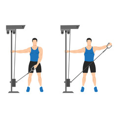Man doing cable one arm lateral raise exercise. Flat vector illustration isolated on white background - obrazy, fototapety, plakaty
