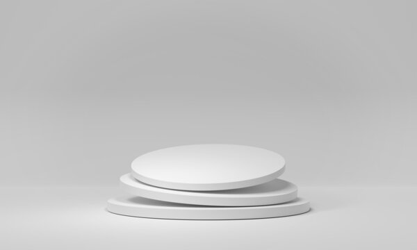 White stage podium background. Mockup of empty circular platform on white. Abstract geometric pedestal. 3D rendering