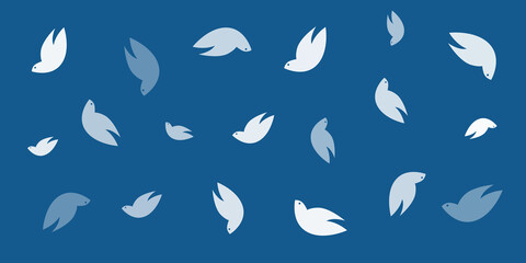 Lots of Random Placed Flying Bird Shapes, Blue and White Peace Pigeons of Various Sizes and Orientation - Pattern, Wide Scale Texture - Dark Blue Background, Concept Design, Vector Template for Web