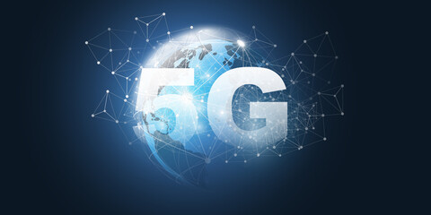 5G Network Label with Earth Globe and Polygonal Mesh Background - High Speed, Broadband Mobile Telecommunication and Wireless Internet Design, Cutting Edge Global Mobile Technology Concept © bagotaj