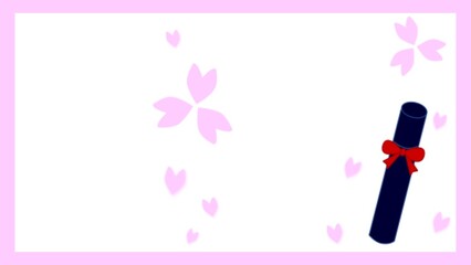 舞い散る桜の花びらとリボンがついた卒業証書の筒のイラスト