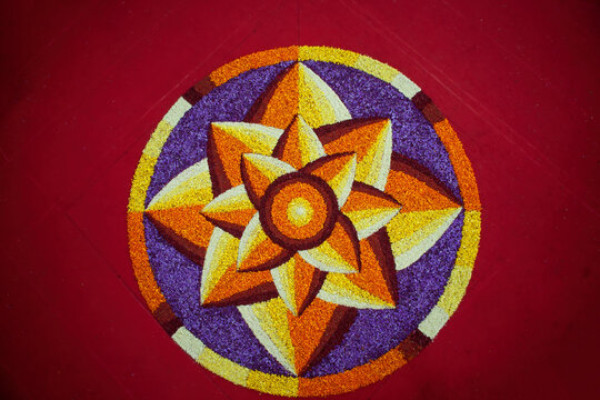 Closeup of an Onam pookalam or Athappokkalam,( floral carpet)typical flower decoration of Kerala