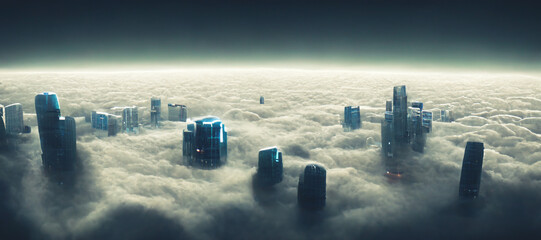 Futuristic city above the clouds sci fi city 3d rendering © catalin