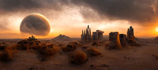 Foto op Plexiglas Buitenaardse woestijnwereld met ruïnes op de achtergrond en een nabije maan met zware wolken en rijke atmosfeer en 3D-rendering © catalin