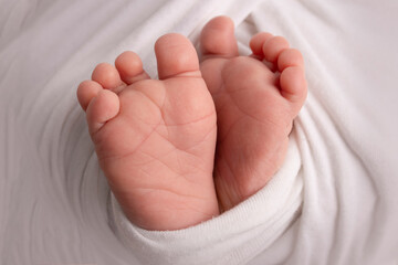 The tiny foot of a newborn Soft feet of a newborn in a white blanket and on a white background Studio Macro photography 