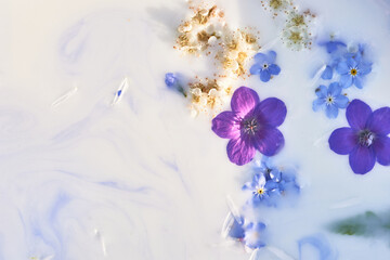 Wildflowers in milky water with paint streaks. Purple and blue. Abstraction, background image....