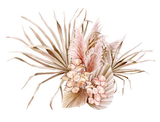 Naklejka na ściany i meble Watercolor boho bouquet with hand painted tropical flowers of dried palm leaves, branches of pampas and flowers. Romantic floral bohemian arrangement perfect for wedding invitation and stationery
