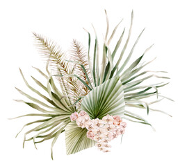 Obraz premium Watercolor boho bouquet with hand painted tropical green dried palm leaves, branches of pampas and flowers. Romantic floral bohemian arrangement perfect for wedding invitation and stationery