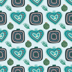 Vector Christmas seamless pattern with pine cones, balls, Christmas decorations, Christmas decorations. Vintage holiday repeated texture with new year toys and decoration.