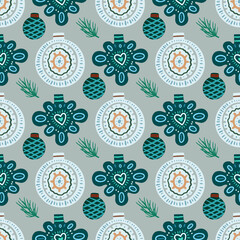 Vector Christmas seamless pattern with pine cones, balls, Christmas decorations, Christmas decorations. Vintage holiday repeated texture with new year toys and decoration.