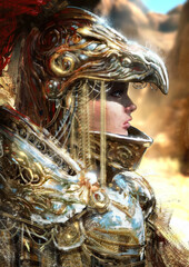 Fototapety  A beautiful oracle woman in a heavy knight's armor of gold and silver shining in the desert sun with beautiful patterns, on her head a helmet in the shape of a falcon's beak with a red tail 2d oil art