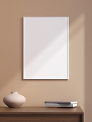Minimalist portrait white poster or photo frame in modern living room wall interior design with vase and shadow. 3d rendering.
