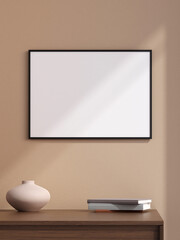 Minimalist landscape black poster or photo frame in modern living room wall interior design with vase and shadow. 3d rendering.