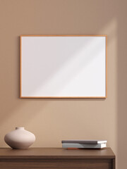 Minimalist landscape wooden poster or photo frame in modern living room wall interior design with vase and shadow. 3d rendering.
