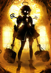 A black silhouette of a mechanical girl with huge paired hammers in her hands, she is a doll with a keyhole in chest and two keys in her shoulders, she is in a sunny steampunk laboratory, 2d blotchy a