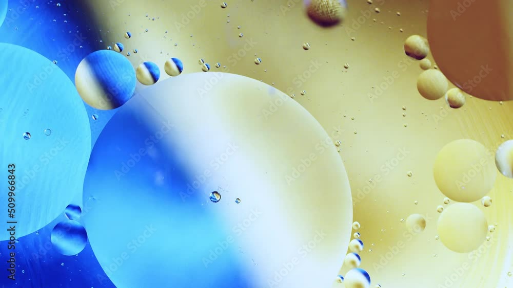 Poster real close up oil bubbles in water rotation with color gradient abstract mixing background.
