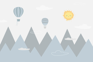 Fabulous mountain landscape with balloons flying over the mountains. Beautiful photo wallpapers for children's room. Vector illustration © Mira Asami